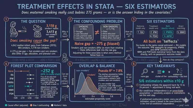 Efectos de tratamiento en Stata: un recorrido para principiantes por seis estimadores con el caso del tabaquismo materno y el peso al nacer
