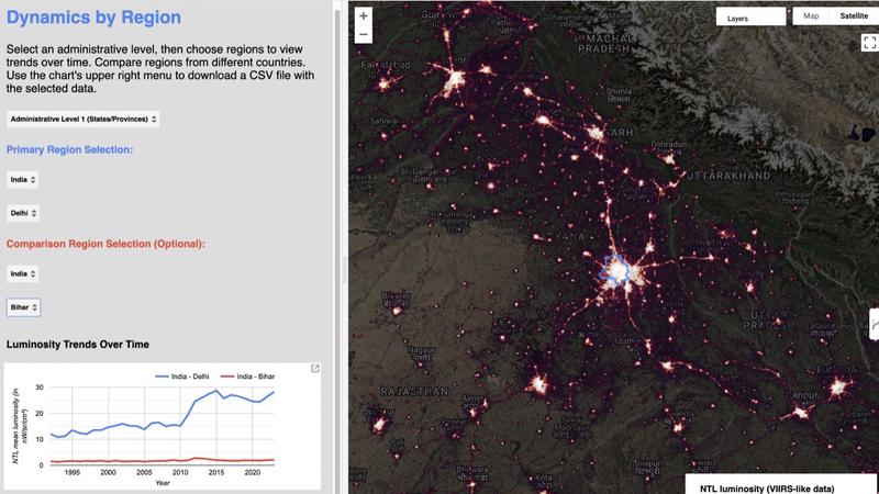 VIIRS-like夜間光の地域動態 1992-2023