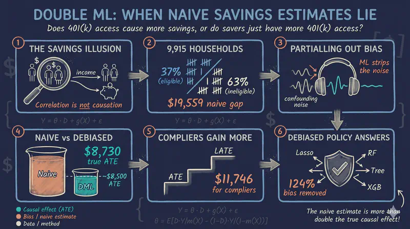Double Machine Learning with 401(k) Data: From Eligibility Effects to Complier Analysis