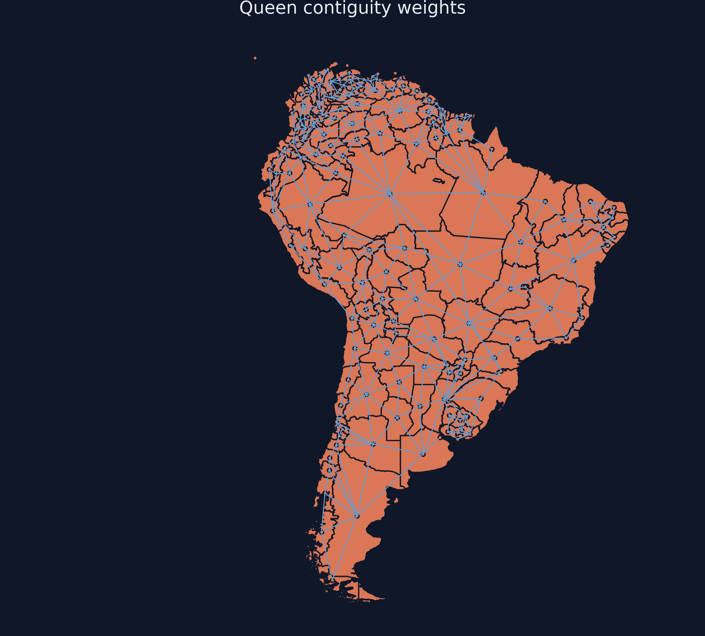 Map of South America with Queen contiguity network overlaid, showing lines connecting neighboring region centroids.