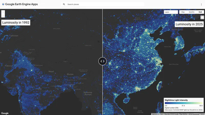 Split view of nighttime lights (DMSP-like) across the world 1992-2025