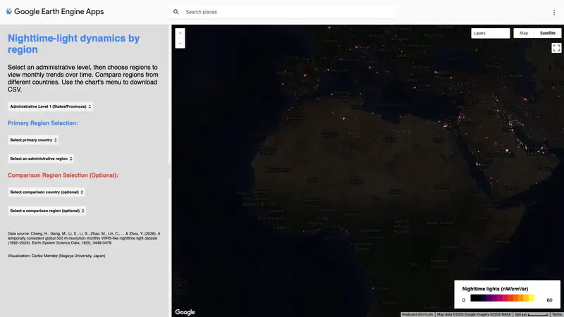 Regional monthly time series of nighttime lights (VIIRS-like) 1992-2024