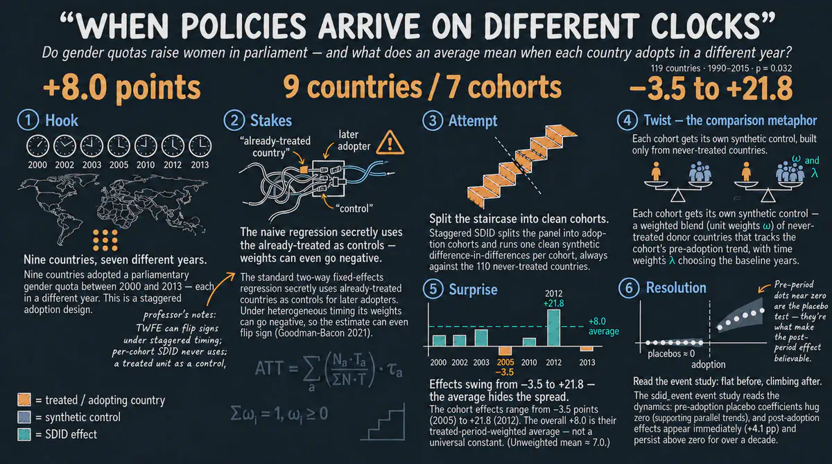 Staggered Synthetic Difference-in-Differences (SDID) in Stata: Gender Quotas and Women in Parliament