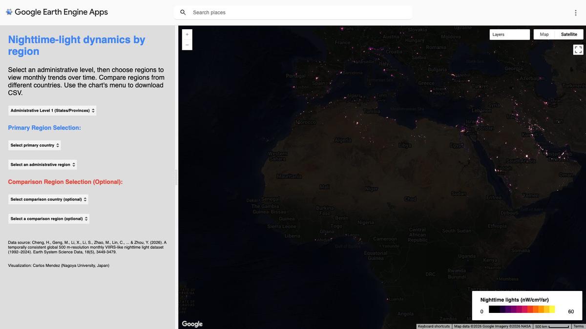 Regional monthly time series of nighttime lights (VIIRS-like) 1992-2024